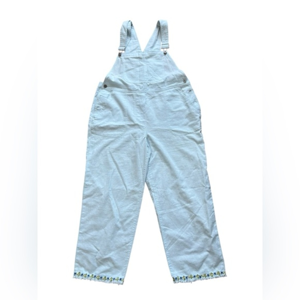 Christopher & Banks, baby blue overalls, cotton/linen blend size large.